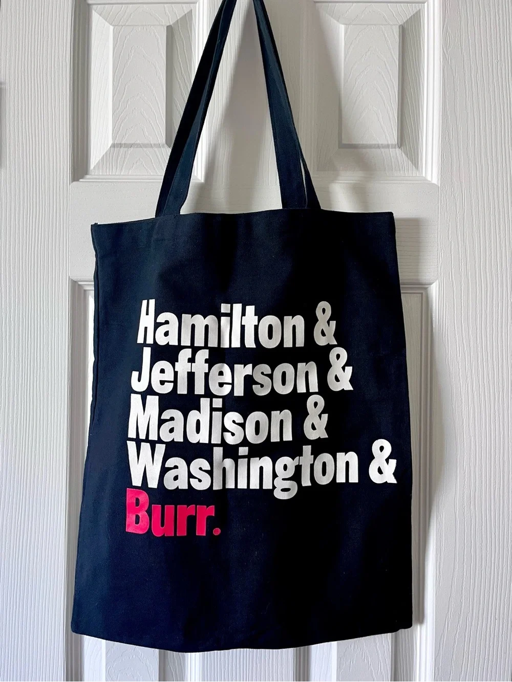Hamilton Broadway Canvas Tote Bag with Bold Logo and Founding Fathers Names